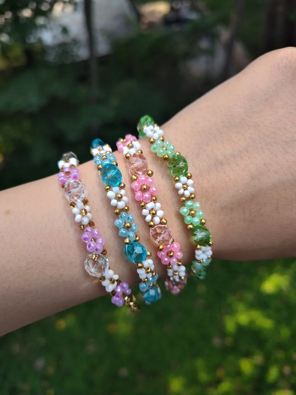 Handcrafted Beaded Flower Bracelets - Pink, Green, Blue, Lavender